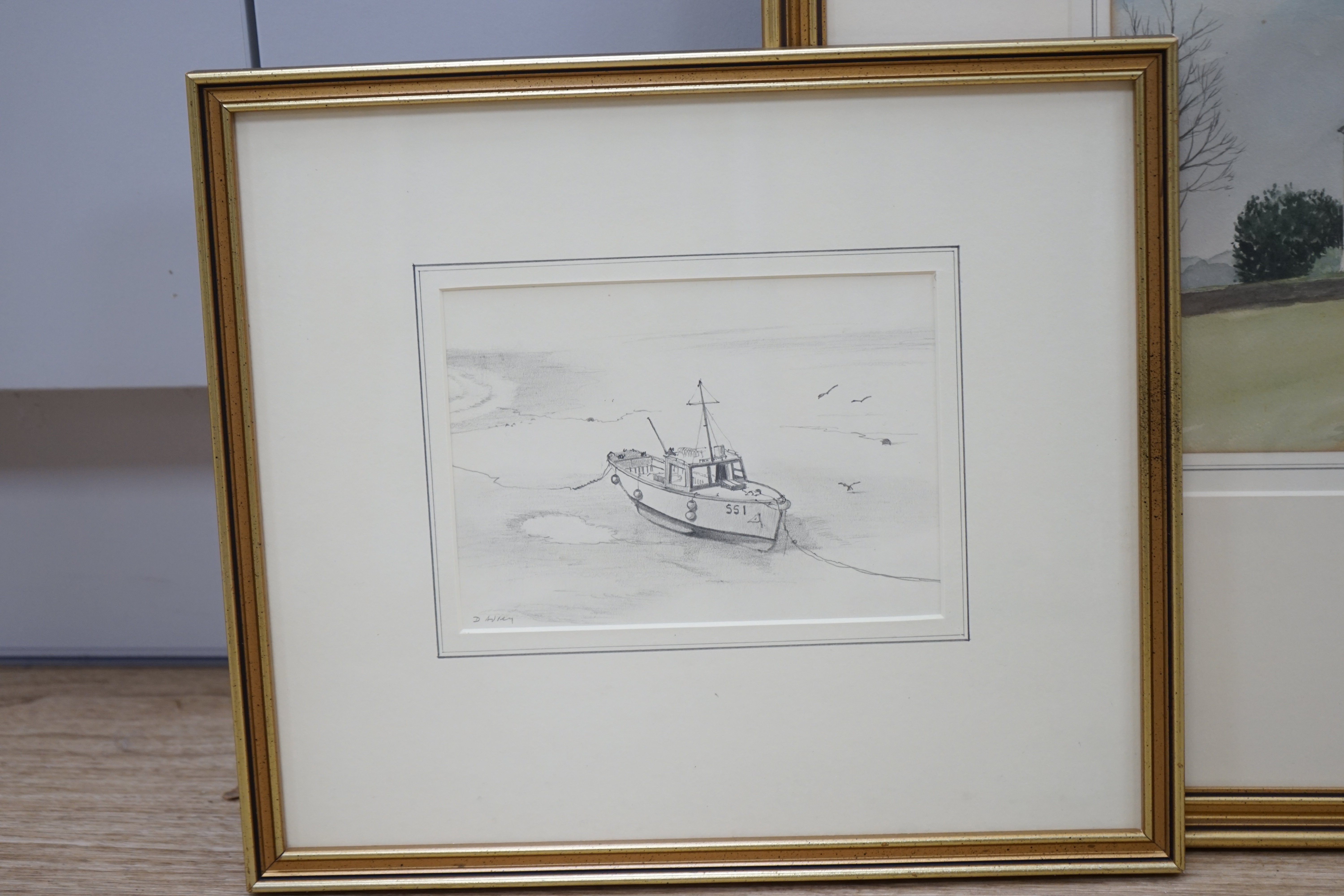 David Addey (b.1933), watercolour, View of a house, signed, together with a pair of pencil studies, Coastal views with fishing boats, largest 23 x 36cm. Condition - fair, some staining to the watercolour